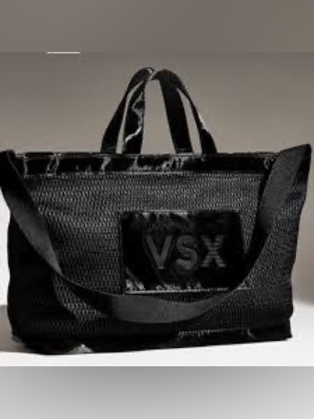 VSX Black Mesh Tote with Patent Trim